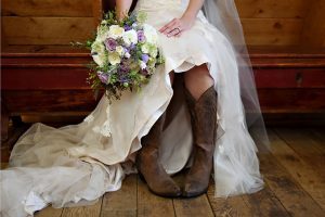 bridal bouquet, cowboy boots, ivory, lavender, lace dress