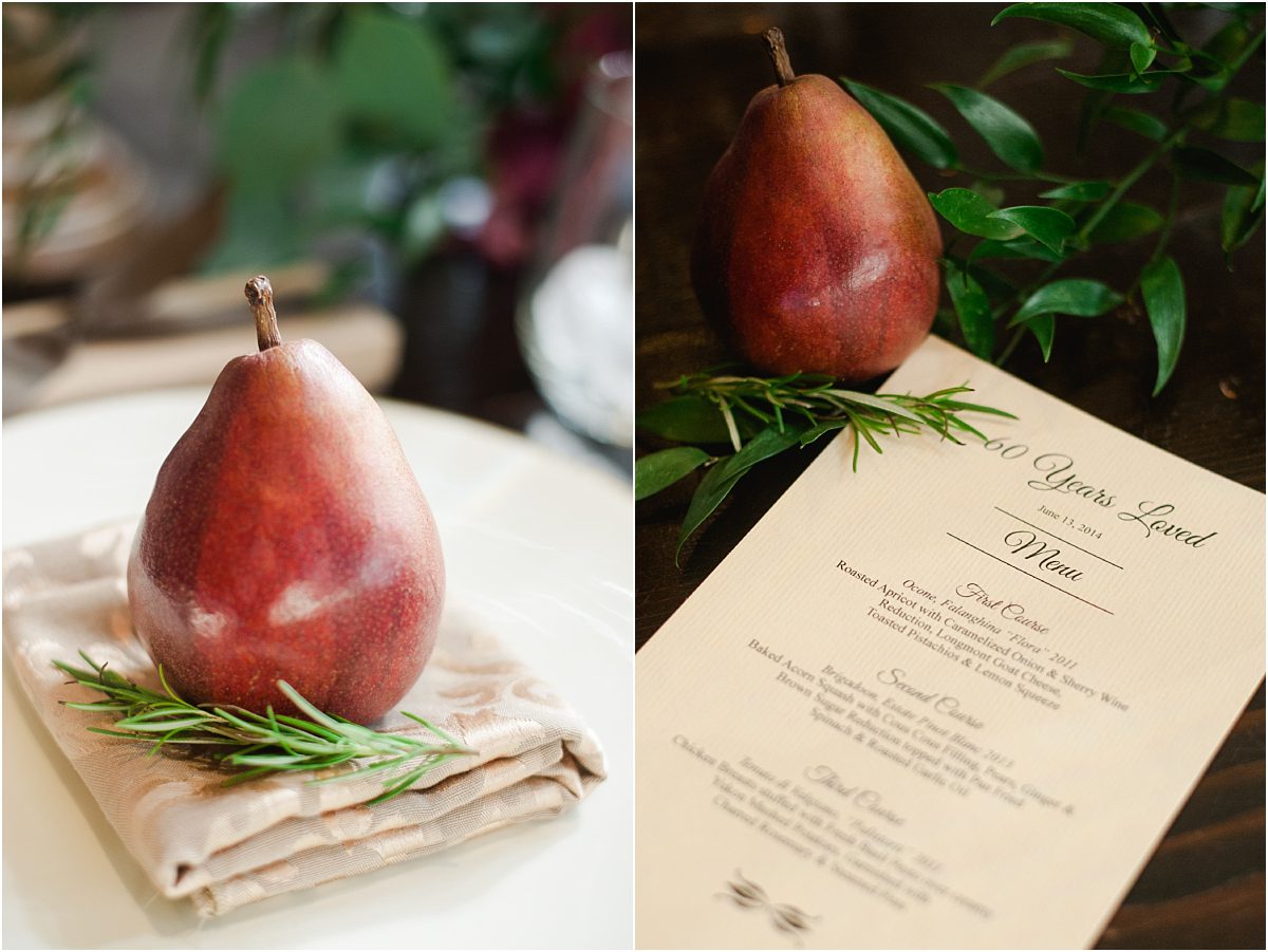 event decor, 60th birthday party, social event, event planning colorado, stylish birthday party, pears, menu