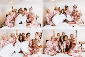 scottsdale wedding planner, bride getting ready, arizona weddings, bridesmaids, floral robes, bride and bridesmaids on bed