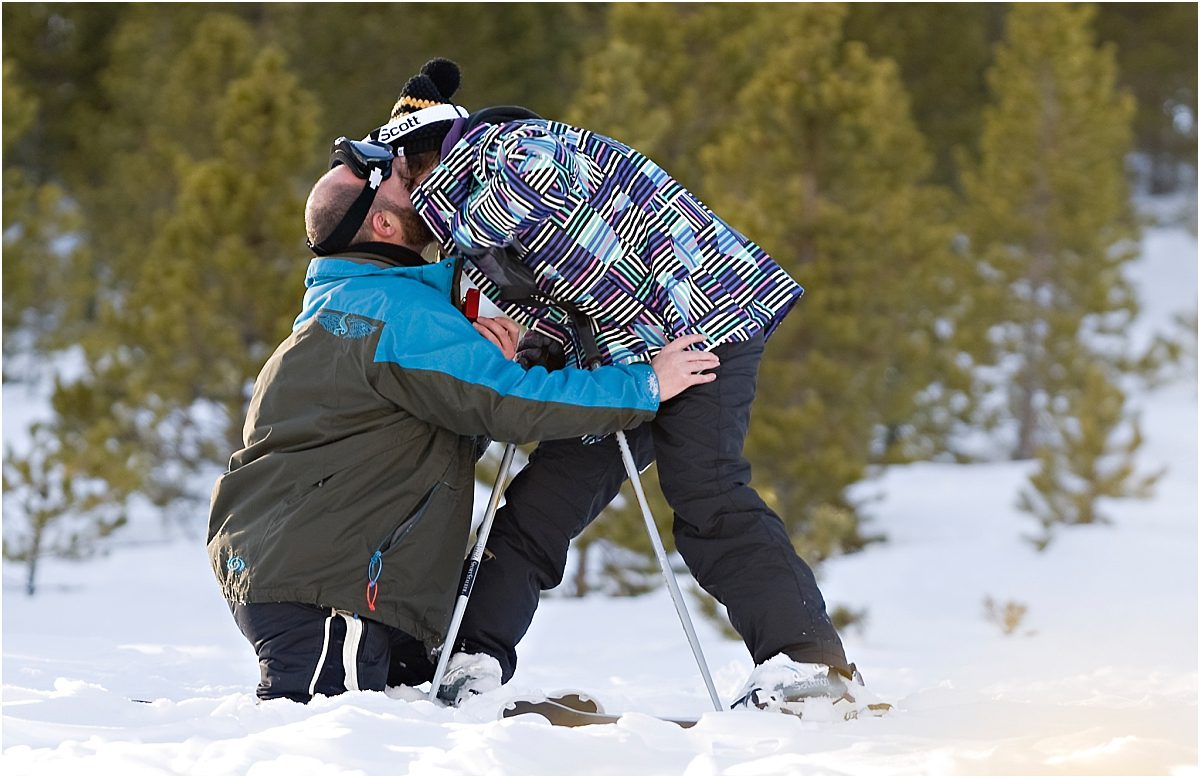 couple kissing in the snow, skiing proposal, winter, mountain photography, breckenridge engagement photographer