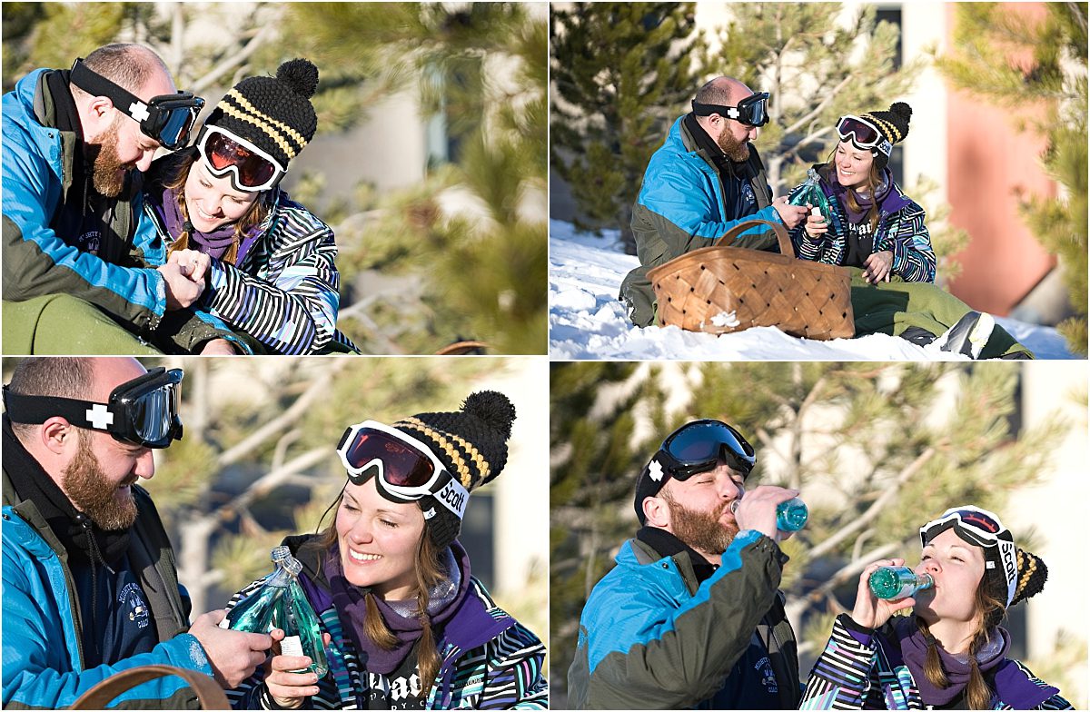 couple sipping blue champagne, blanc de bleu, cheers, she said yes, engagement session, breckenridge proposal on skis, mountain photographer