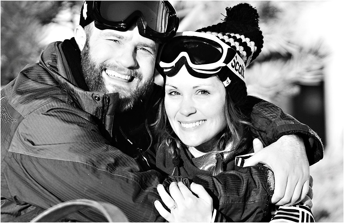 black and white image, couples portrait, engagement session, skiing proposal, winter portrait session, mountain engagement photographer