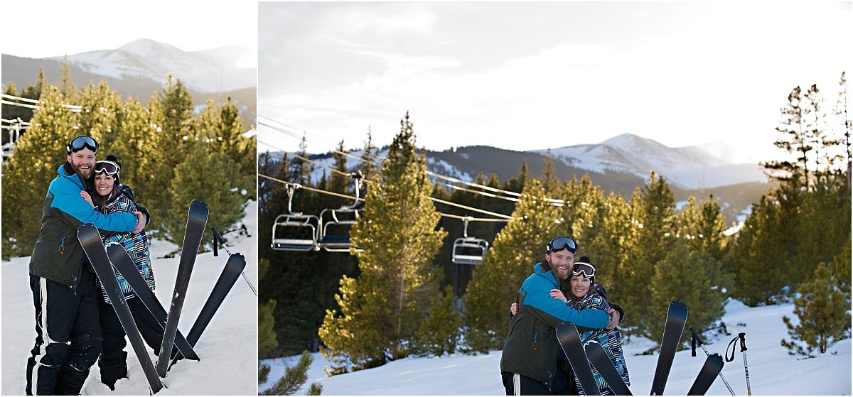 couple on skis, breckenridge, chair lift, mountain proposal photography