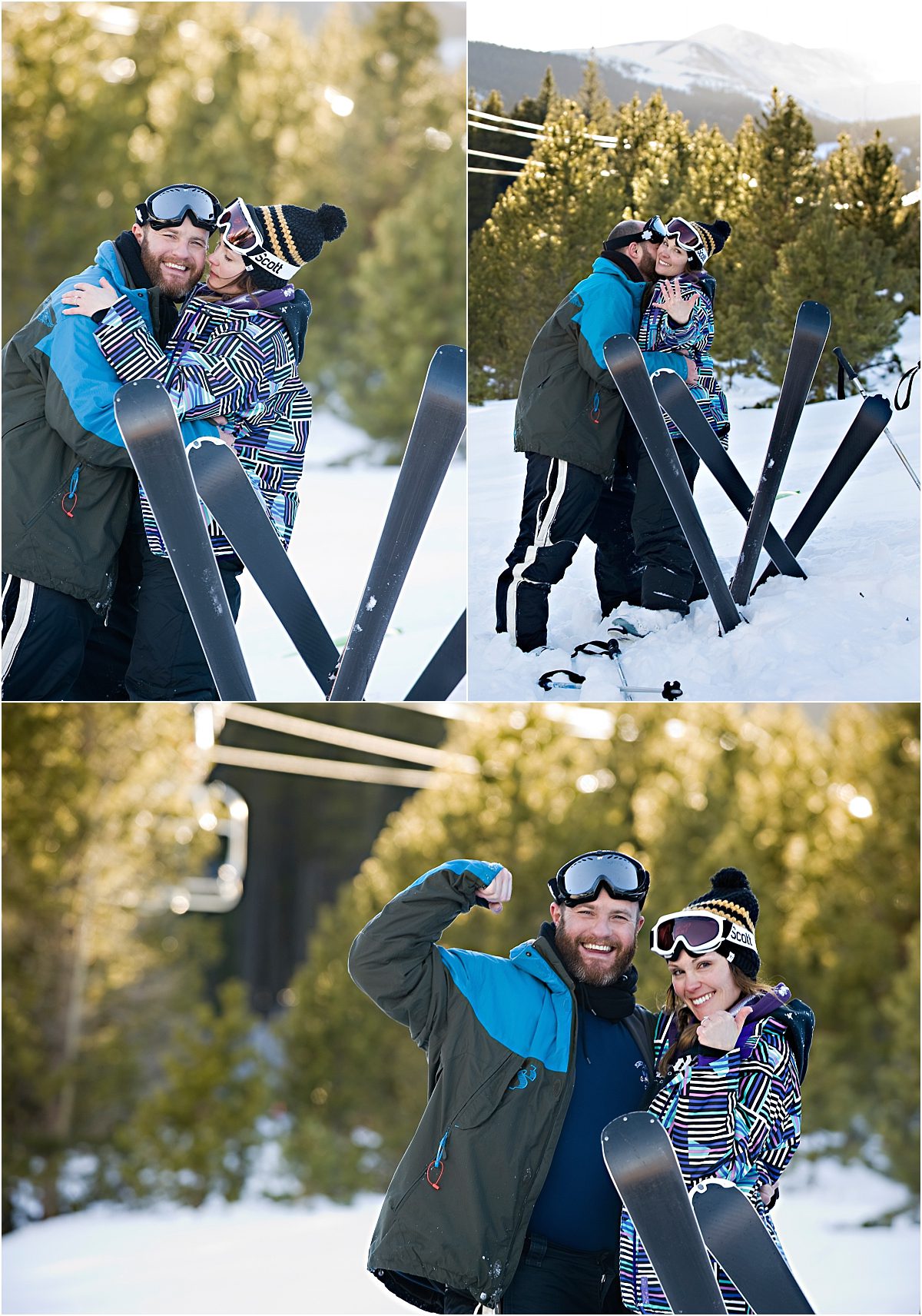 skis in the snow, couple hugging, engagement session, winter mountain proposal, breckenridge photographer, mountains in the winter