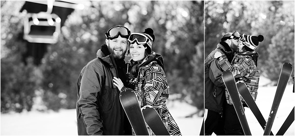 black and white images, couples portraits, kissing in the snow, breckenridge resort, skiing, mountain photographer