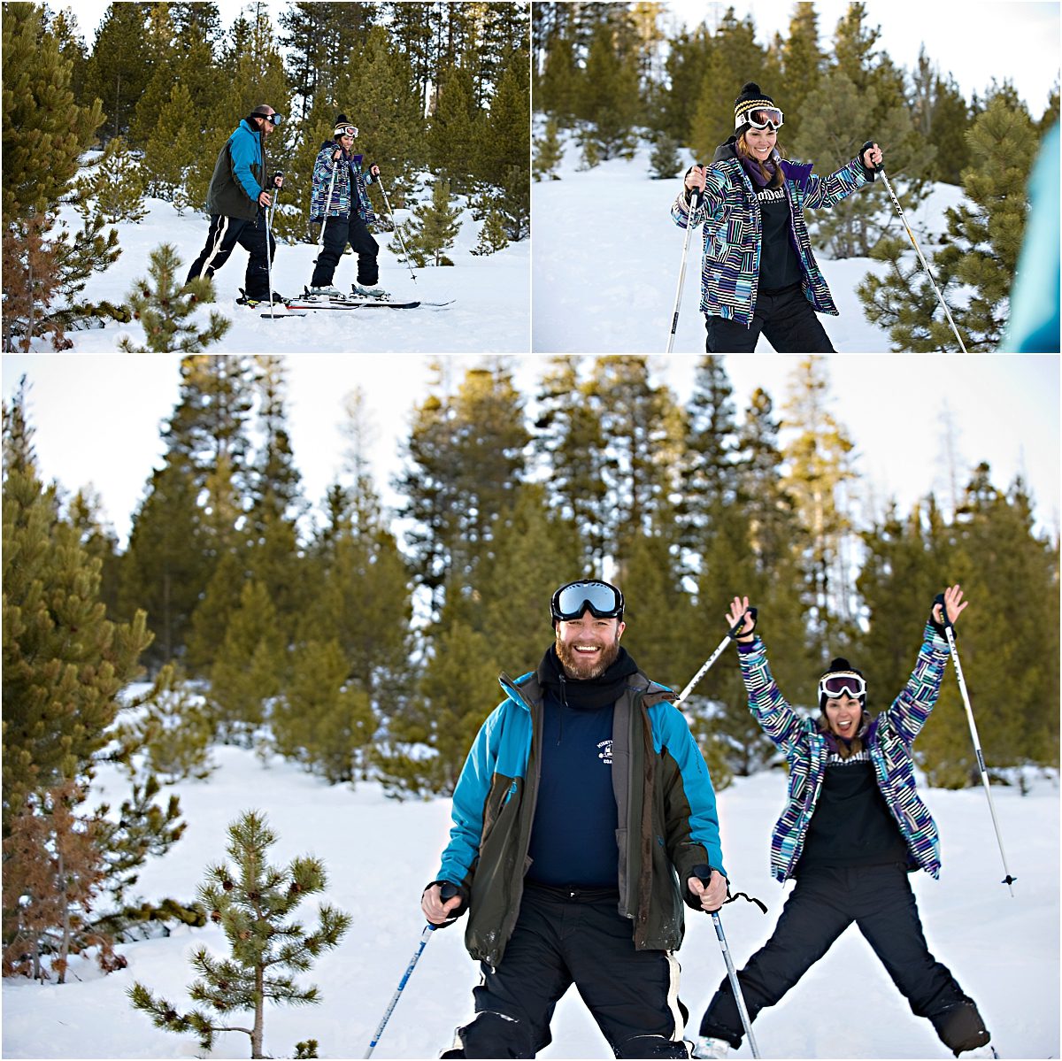 couple skiing down the mountain together, breckenridge resort, winter proposal, engagement session, mountain proposal photographer
