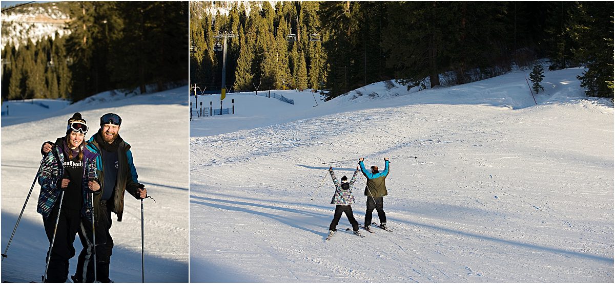 couple cheering as they ski down the mountain together, winter proposal , breckenridge resort, mountain engagement photographer
