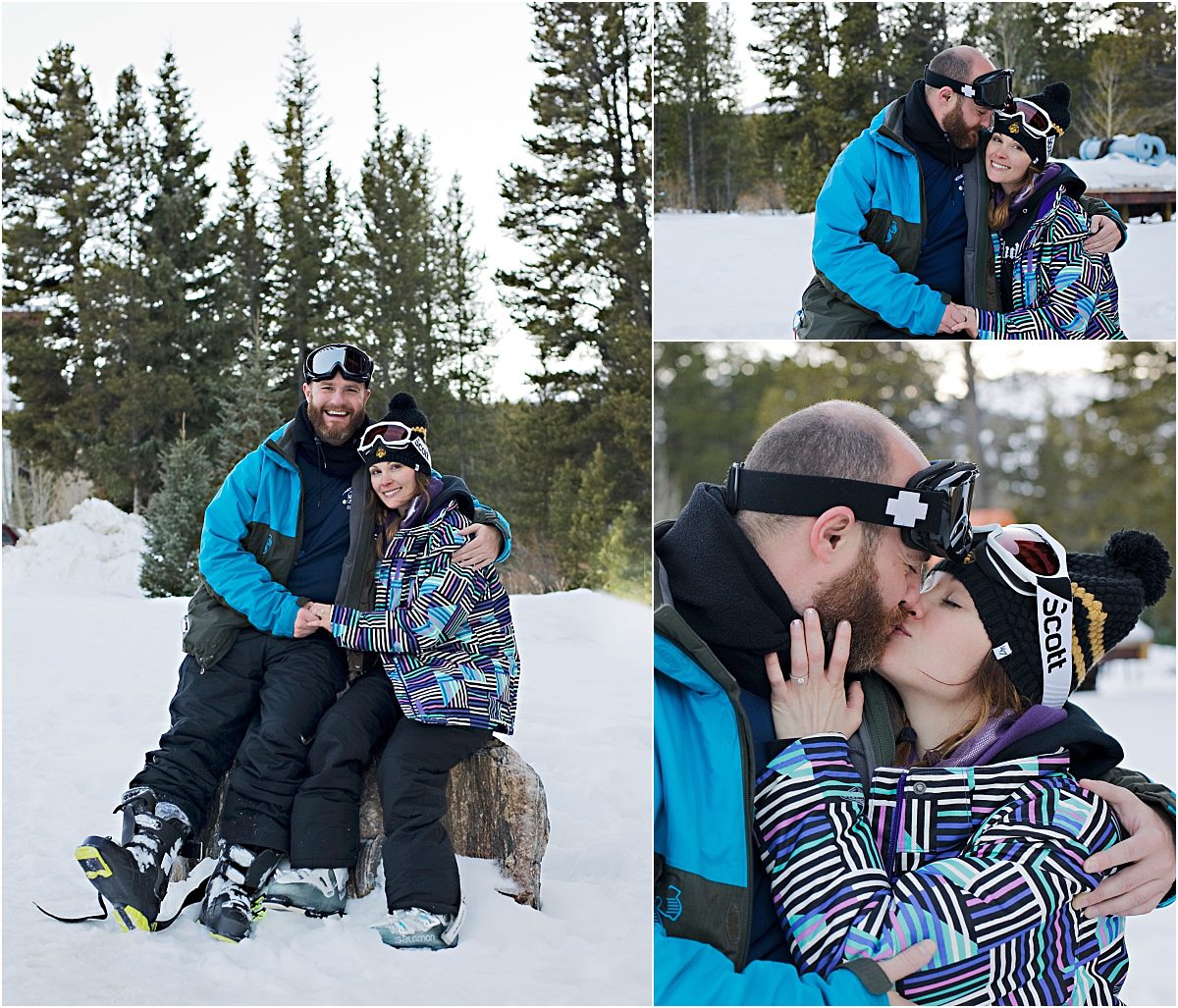 couple sitting on rocks in snow, kissing, engagement session, mountain portrait photographer