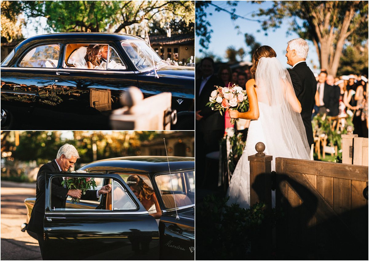 bride with father of the bride, riding to ceremony in vintage ford, scottsdale wedding planner, getaway car