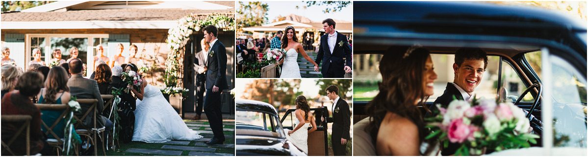 backyard wedding ceremony, scottsdale wedding planner, outdoor ceremony, recessional, bride and groom become husband and wife, getaway car, vintage ford