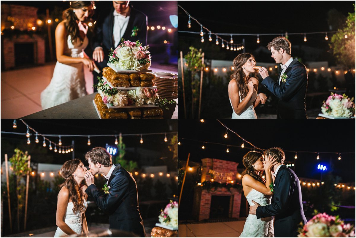 cutting the cake, bride and groom kissing,outdoor reception, scottsdale wedding planner, arizona weddings