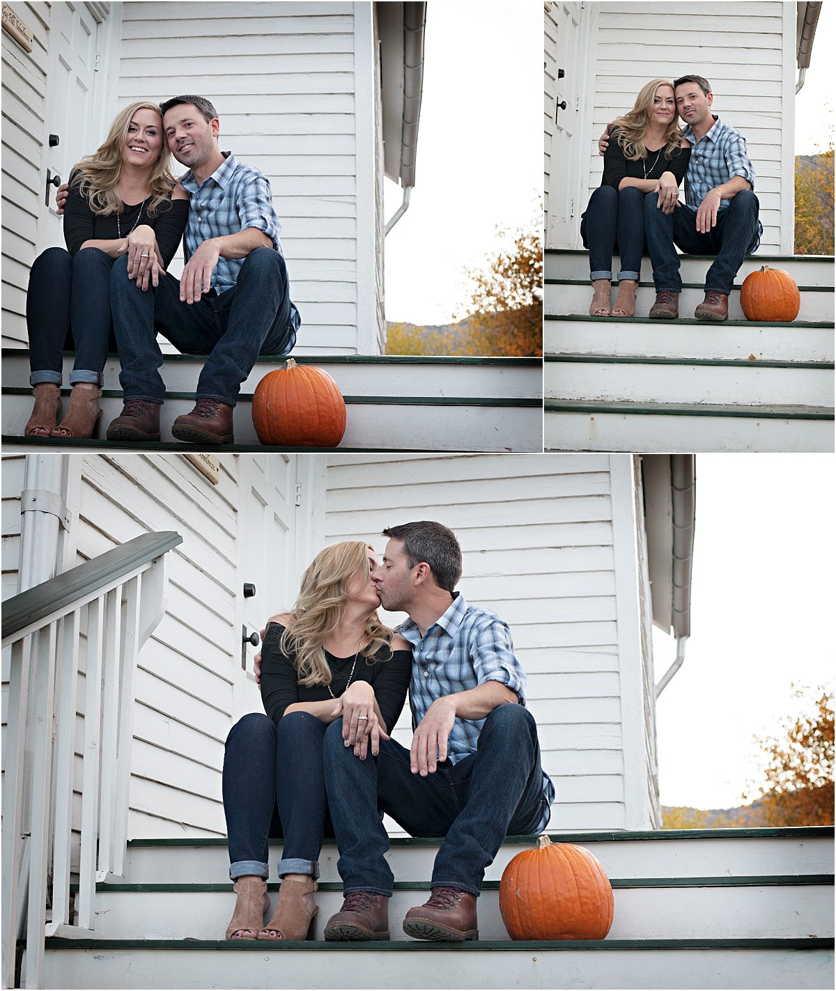 couple kissing with pumpkin on steps of historic white wooden building,clear creek history park, golden colorado engagement session, autumn, l elizabeth events, colorado engagement photography, mountain engagement photographer