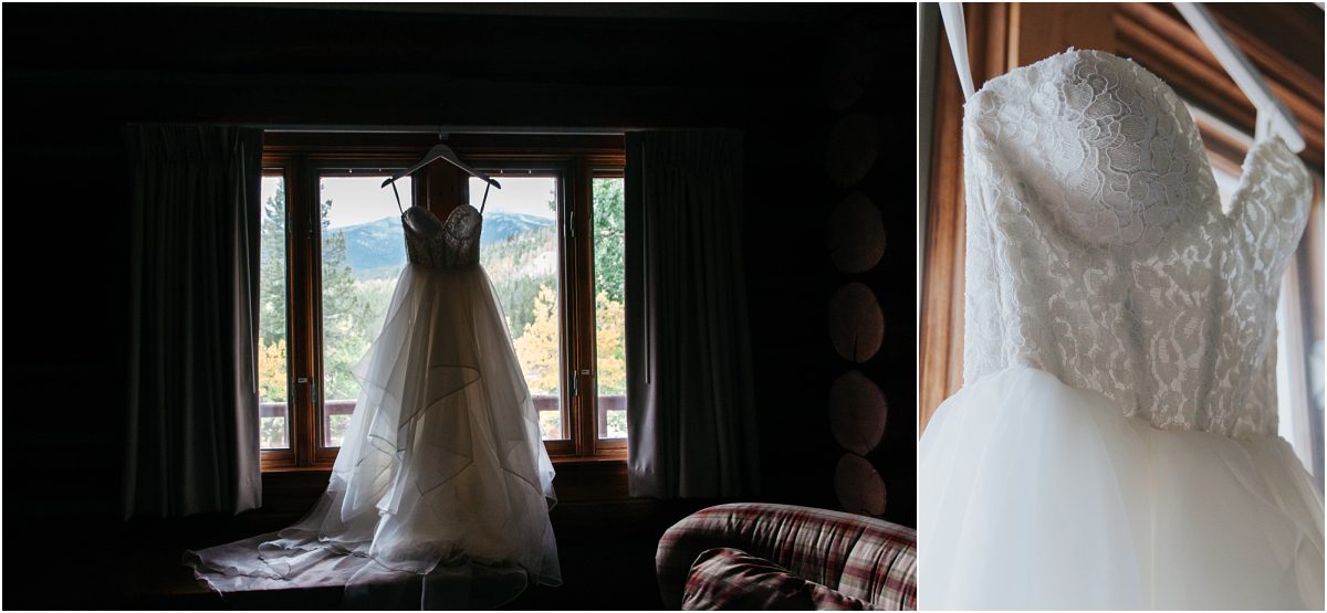 bridal gown hanging in window, bride getting ready, dao house, estes park, colorado wedding planner, mountain wedding planning