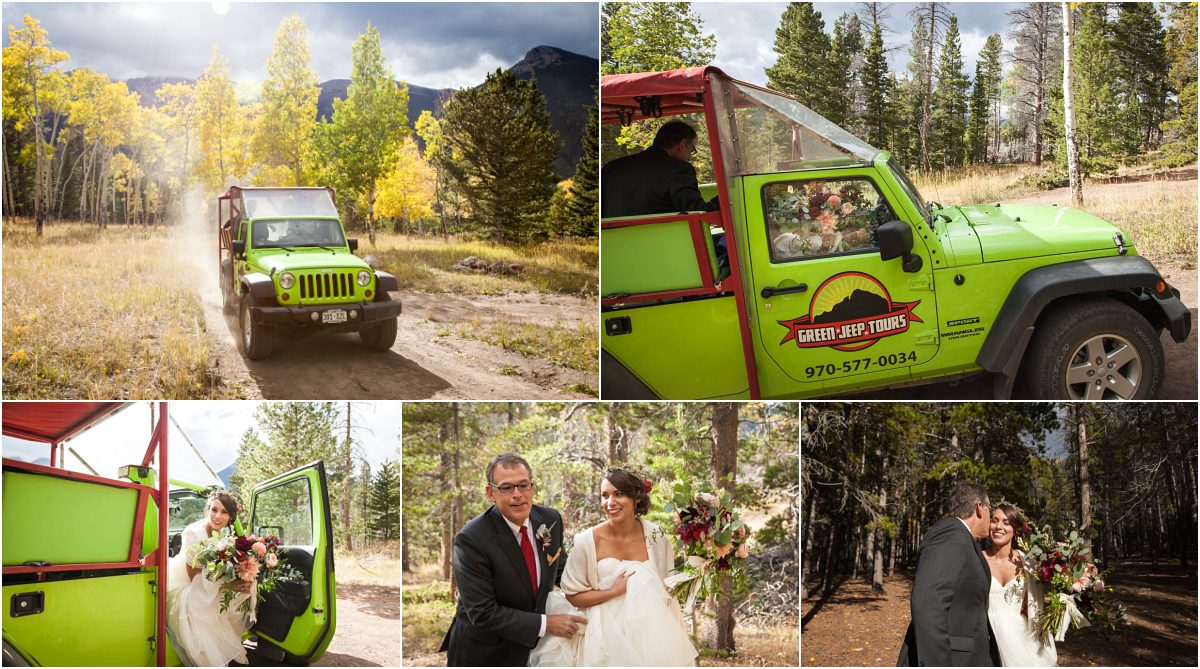 jeep rides, wedding guests arriving, bride and groom heading to ceremony,dao house, estes park, colorado wedding planning, mountain wedding planner