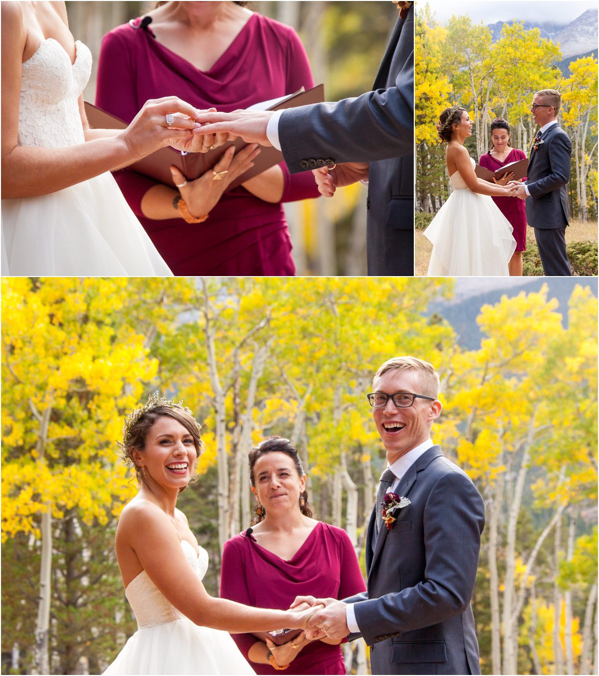 exchanging rings, outdoor ceremony, aspen trees, bride and groom,dao house, estes park, colorado wedding planning, mountain wedding planner