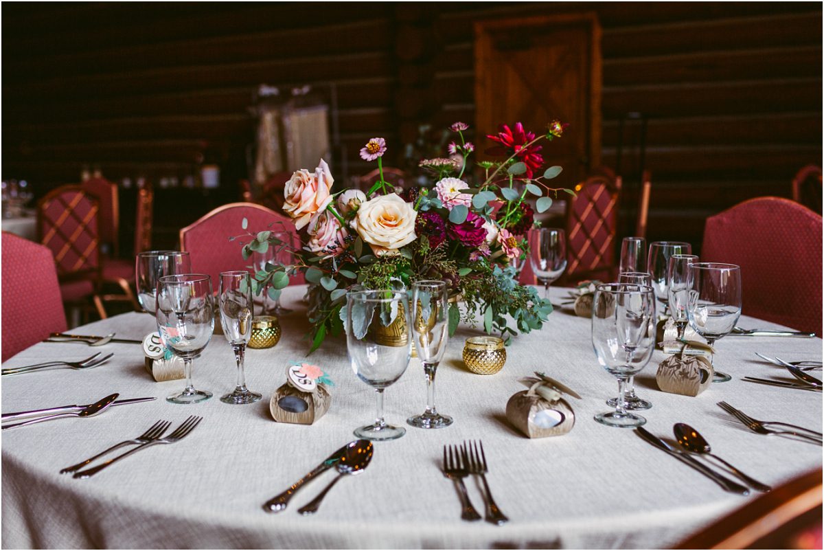 reception decor, centerpieces, floral details, table numbers, dao house, estes park, colorado wedding planner, mountain wedding coordination