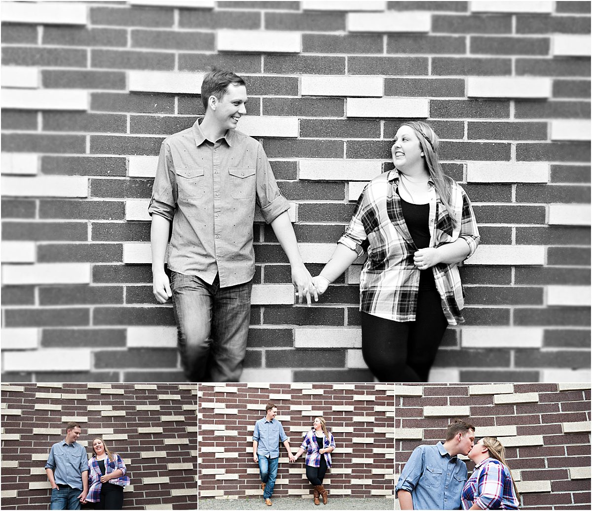couple against brick wall, portraits,Denver Engagement Session, Commons Park, Millennium Bridge, Colorado Engagement Photographer