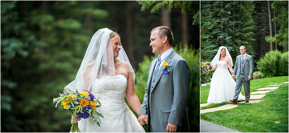first look, bride and groom walking holding hands,donavon pavilion, colorado wedding photographer, mountain wedding photography, vail weddings, purple and yellow bouquet