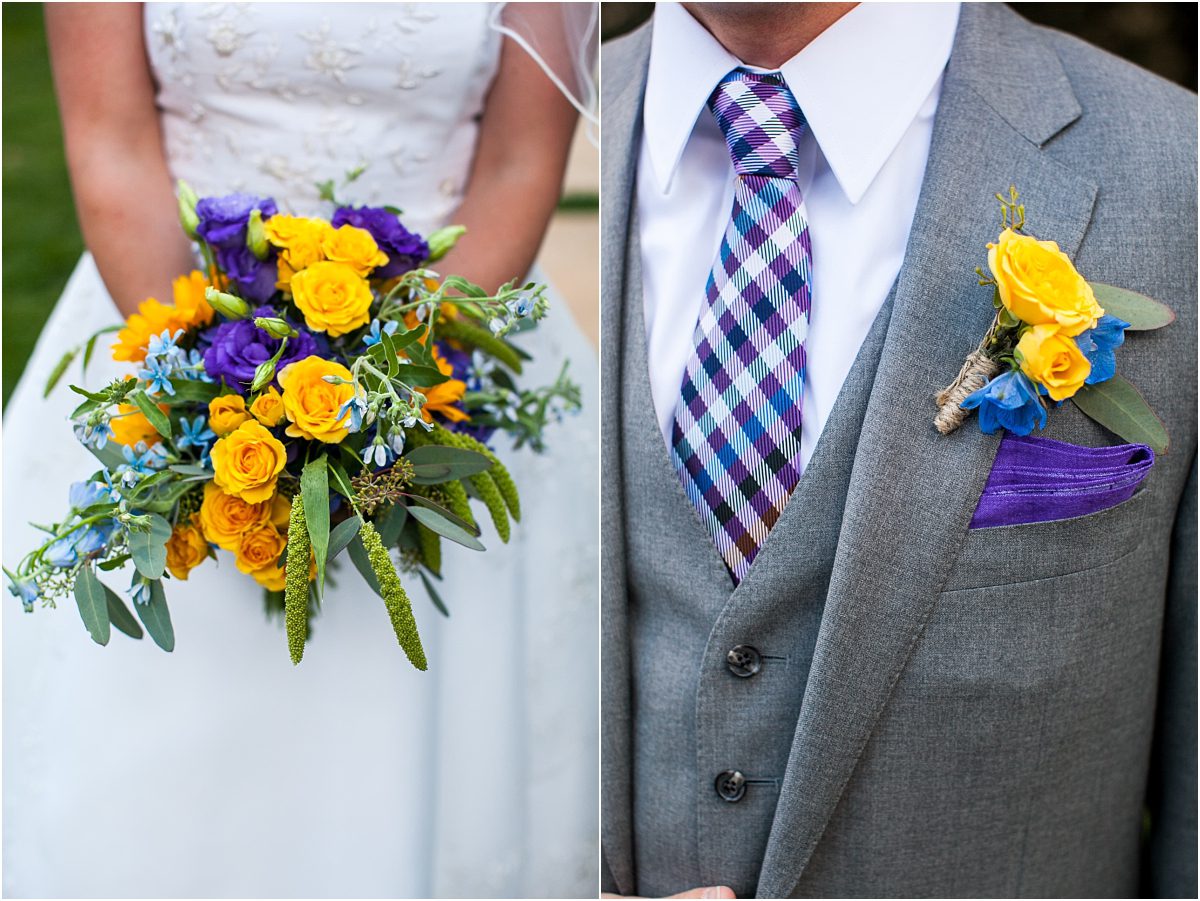 bride and groom, details, purple and yellow floral, bridal bouquet, boutonniere, checkered tie, gray suit, donavan pavilion vail, colorado wedding photography, mountain wedding photographer