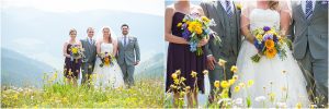 colorado wedding photography, mountain wedding photographer, bridal party portraits, top of vail mountain, donavan pavilion, purple and yellow bouquets, gray suits, bride and maid of honor, groom and best man