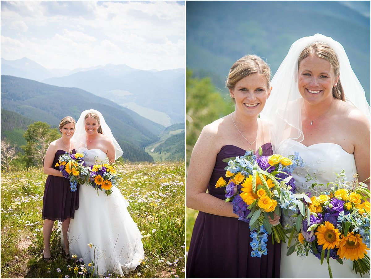 bridal party portraits, top of vail mountain, donavan pavilion, purple and yellow bouquets, bride and maid of honor, mountain wedding photographer, colorado wedding photographer