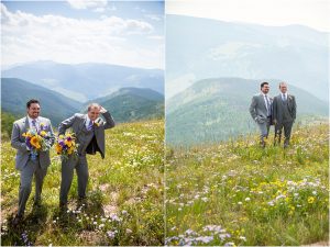 wedding party portraits, top of vail mountain, donavan pavilion, purple and yellow boutonniere, gray suits, groom and best man
