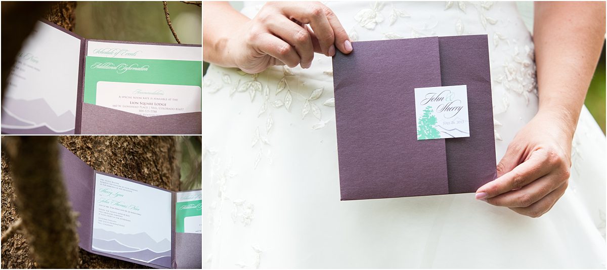 invitation suite, purple envelope, details,donavan pavilion, mountain wedding photographer, vail wedding photography, colorado weddings