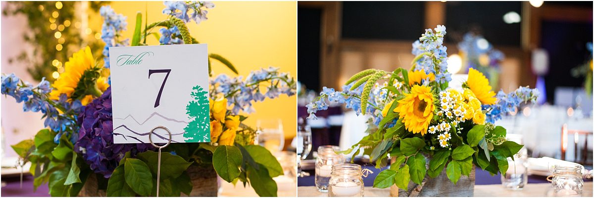 reception details, yellow and purple floral decor, table centerpieces, donavan pavilion, mountain wedding photographer, vail wedding photography, colorado weddings