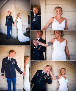 first touch, bride and groom, wedding day, military dress blues, hotel hallway, steamboat springs, mountain wedding photographer, colorado wedding photography