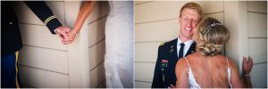 holding hands, military dress blues, kissing around the corner, eyes closed,first touch, bride and groom, wedding day, hotel hallway, steamboat springs, mountain wedding photographer, colorado wedding photography