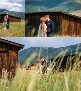 bride and groom portraits, tall grass, old wooden barn, mountain backdrop, steamboat springs, colorado wedding photographer, mountain wedding photography