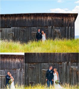 bride and groom portraits, old wooden barn, tall grass, steamboat springs, colorado wedding photography, mountain wedding photographer