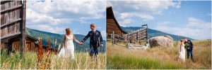 bride and groom portraits, holding hands walking, tall grass, mountain backdrop, old wood barn, steamboat springs, mountain wedding photographer, colorado wedding photography