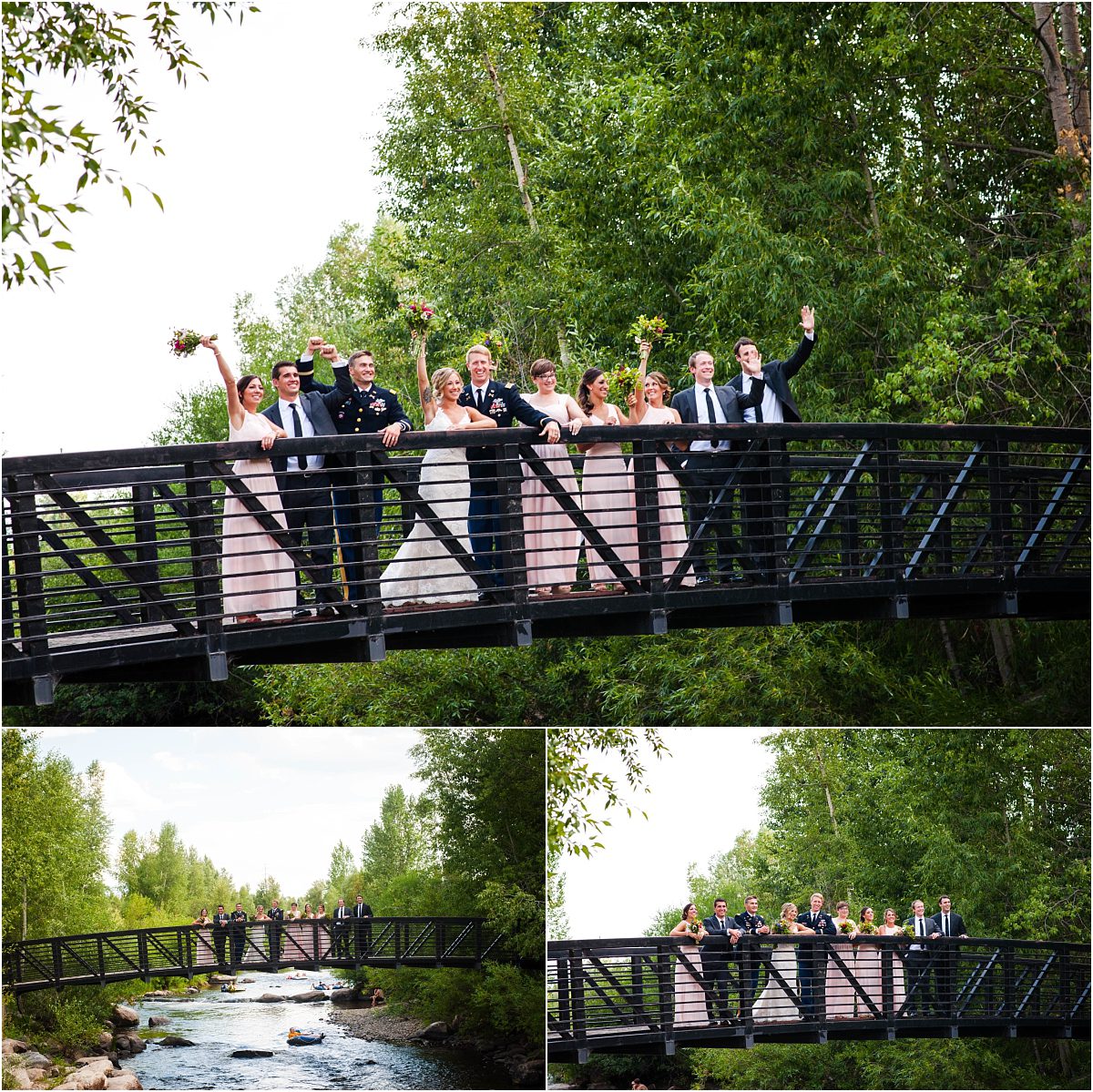 bridal party, wedding party portraits on bride in park, steamboat springs, river, colorado wedding photographer, mountain wedding photography