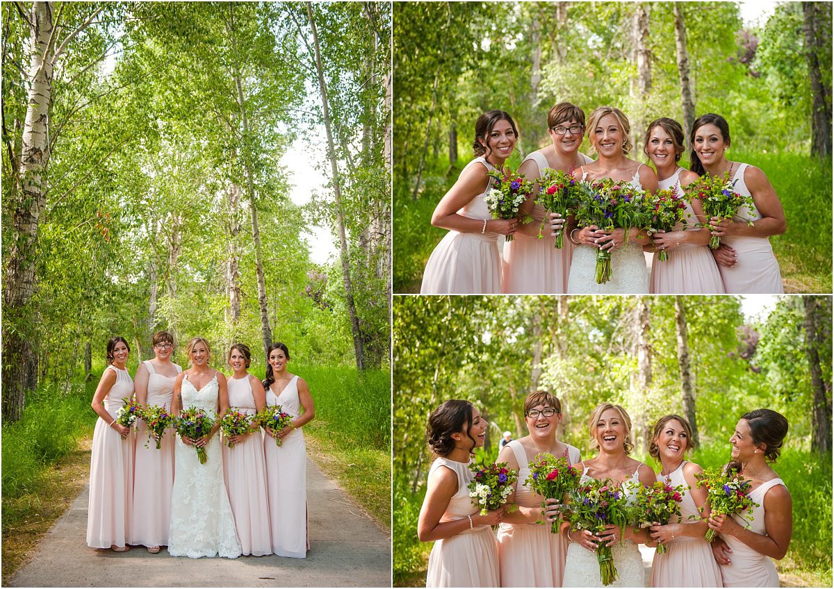 bridal party, bride and bridesmaids, formal portraits, under the trees in the park, pink bridesmaids gowns, laughing, steamboat springs, colorado wedding photographer, mountain weddings