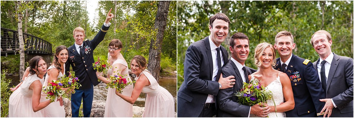 wedding party portraits, bridal party, bridesmaids and groom, groomsmen and bride, park in steamboat springs, colorado wedding photography, mountain wedding photographer