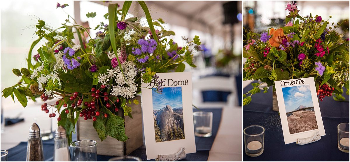 reception details, floral decor, centerpieces, white and navy, mountains, tented reception, steamboat springs resort, colorado wedding photography, mountain wedding photographer
