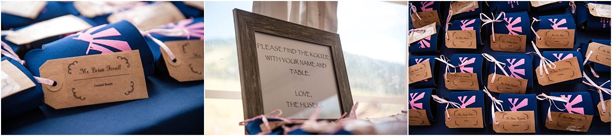 reception details, wedding favors, beer coozies, guestbook sign, decor, white and navy, mountains, tented reception, steamboat springs resort, colorado wedding photography, mountain wedding photographer