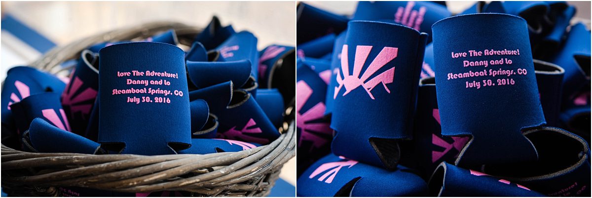 beer coozies, navy and pink, wedding favors, reception details, steamboat springs, colorado wedding photographer