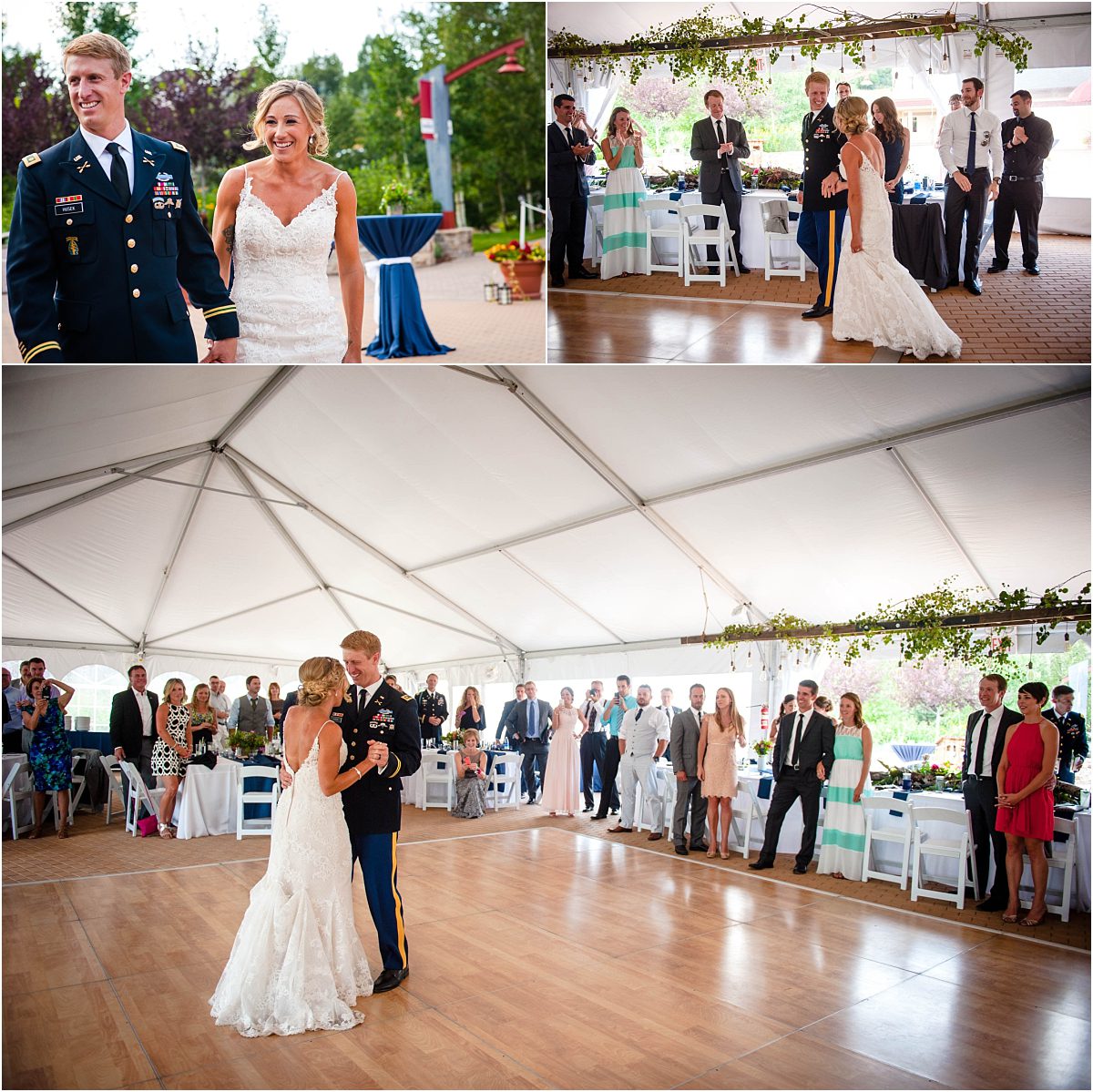 grand entrance, wedding reception, first dance, tented reception space, steamboat springs resort, bride and groom, military wedding, dress blues, colorado wedding photographer, mountain wedding photographer