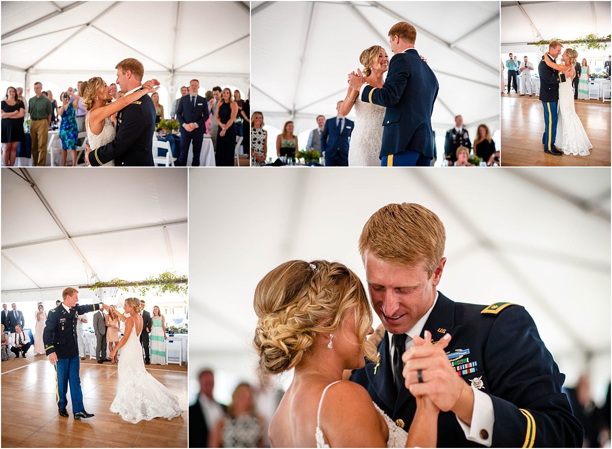 wedding reception, first dance, tented reception space, steamboat springs resort, bride and groom, military wedding, dress blues, colorado wedding photographer, mountain wedding photographer