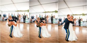 groom dipping bride,wedding reception, first dance, tented reception space, steamboat springs resort, bride and groom, military wedding, dress blues, colorado wedding photographer, mountain wedding photographer