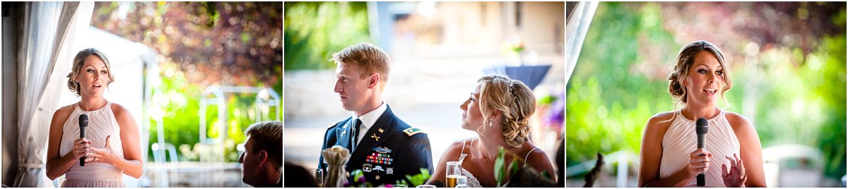toasts, wedding reception, maid of honor, tented reception space, steamboat springs resort, bride and groom, military wedding, dress blues, colorado wedding photographer, mountain wedding photographer