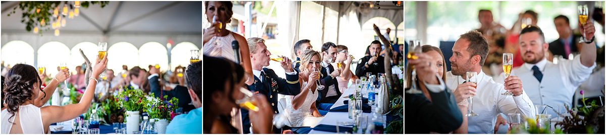 wedding guests, toasts, wedding reception, maid of honor, tented reception space, steamboat springs resort, bride and groom, military wedding, dress blues, colorado wedding photographer, mountain wedding photographer