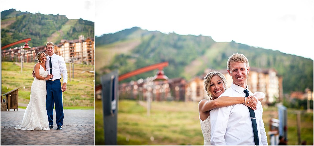 bride and groom outside, reception, steamboat springs resort, ski slopes, mountain town, colorado wedding photographer