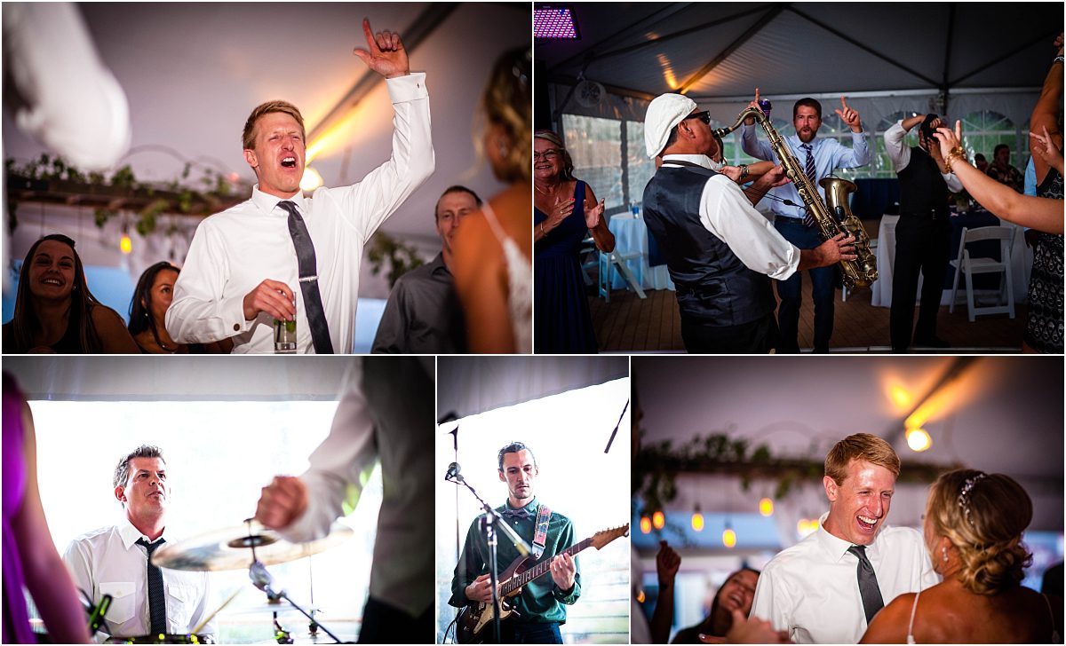 live band, dancing, reception, wedding guests having fun, tented reception, steamboat springs, colorado wedding photographer