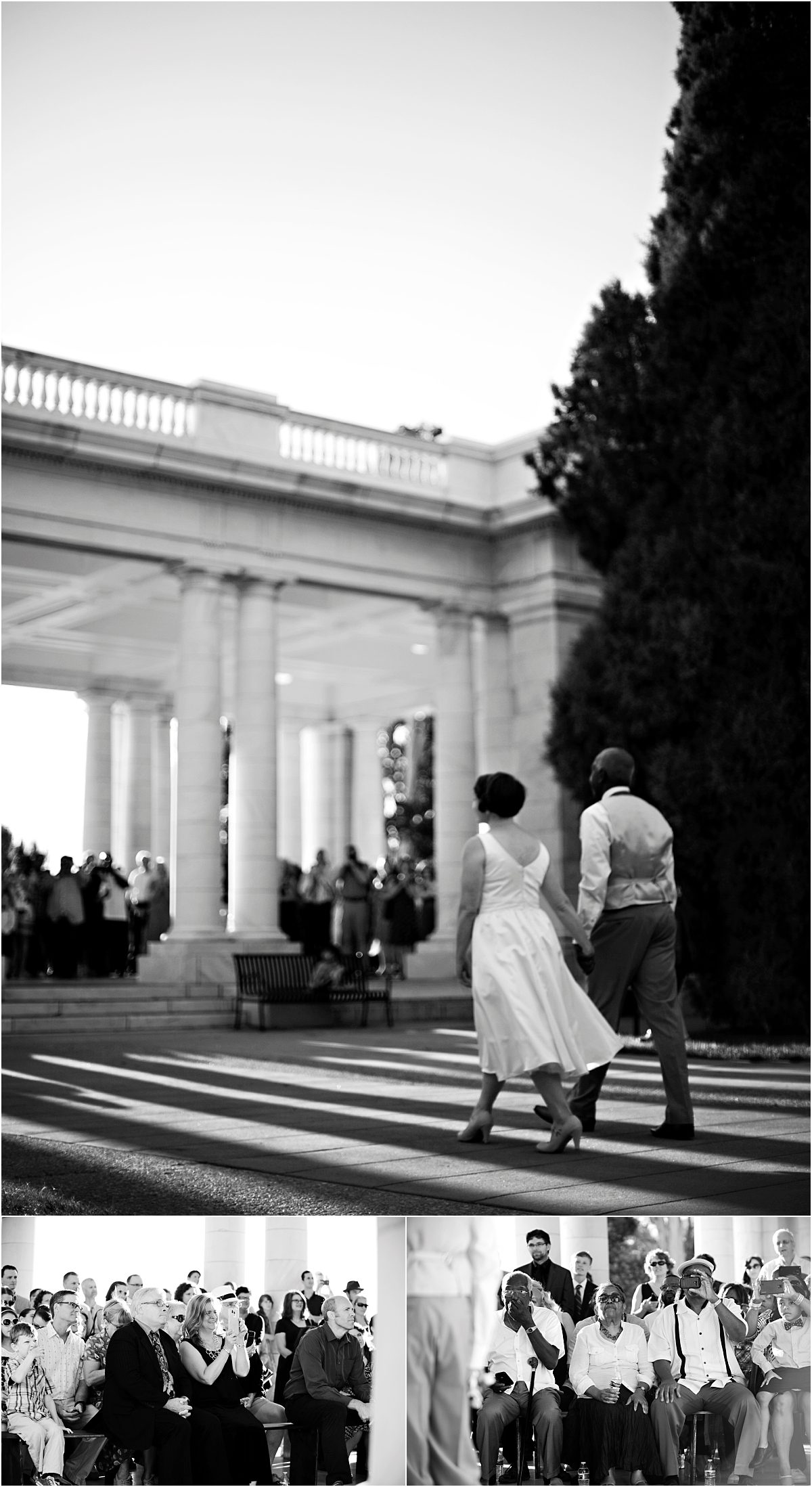 bride and groom walking to ceremony, black and white photography, colorado wedding coordinator, colorado wedding photographer, cheesman park denver, vintage swing dance wedding