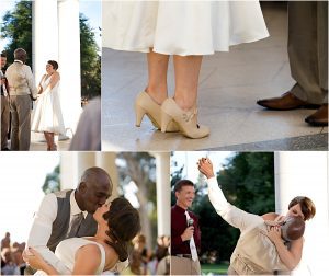 colorado wedding coordinator, colorado wedding photographer, cheesman park denver, ceremony, chessman pavilion, brides shoes, first kiss