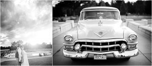 getaway car, vintage cadillac, black and white image,colorado wedding coordinator, colorado wedding photographer, cheesman park denver