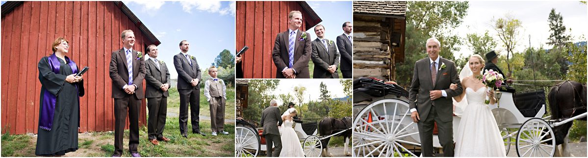 colorado natives wedding, outdoor ceremony at clear creek history park in golden colorado, red barn, rustic wedding, country wedding, bride arriving by horse and carriage, processional, colorado wedding photographer, mountain wedding planner